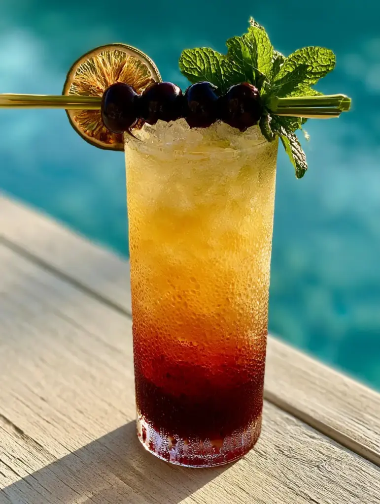 Tall frosted highball glass featuring the deep crimson and amber layers of a Tropical Cherry Rum Cocktail. (Tropical Cherry Rum Cocktail)
