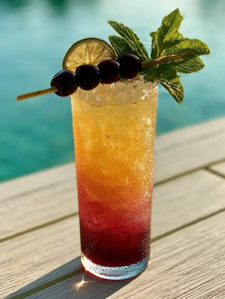 Tropical Cherry Rum Cocktail: The Ultimate Layered Summer Refresher 1 Close up of crushed pebble ice and condensation on a glass of Tropical Cherry Rum Cocktail with mint garnish.