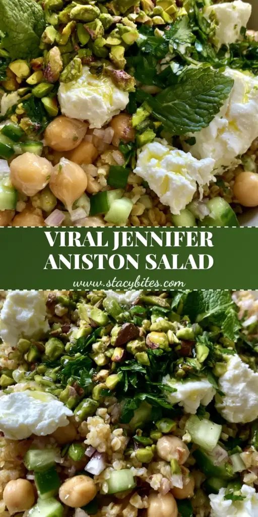 A vertical, overhead shot of the Jennifer Aniston Salad featuring fluffy bulgur, chickpeas, and pistachios in a white bowl, perfect for Pinterest.