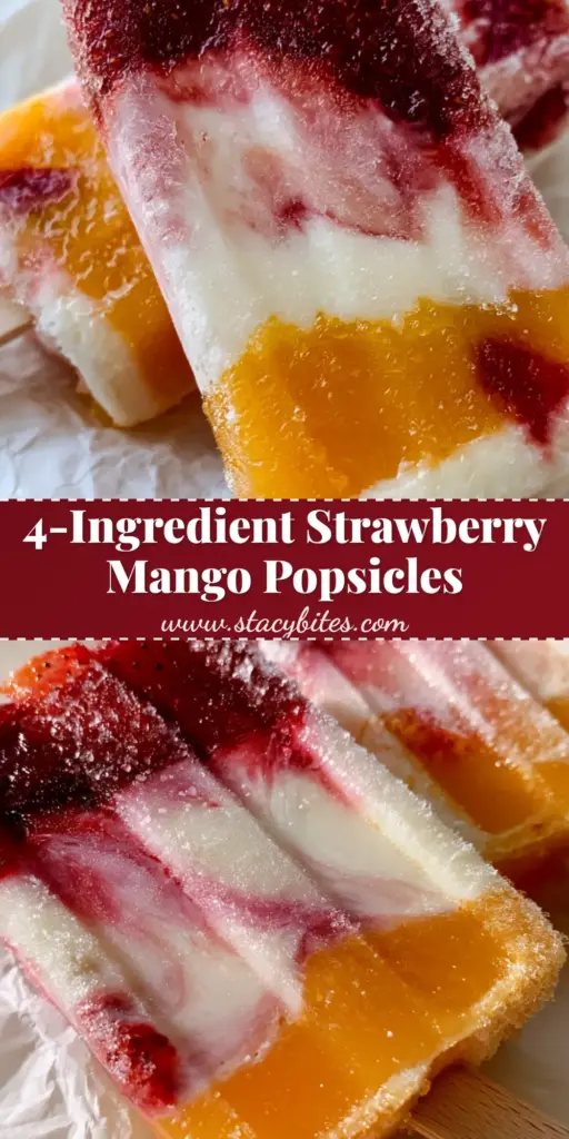 Two artisanal Strawberry Mango Popsicles with distinct layers of ruby-red strawberry, marbled Greek yogurt, and orange mango nectar resting on parchment paper.