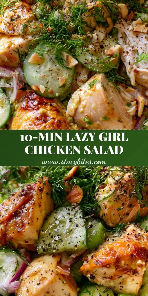 A close-up shot of Summer Chicken Salad in a white bowl featuring shredded chicken with crispy skin, cucumber slices, red onion, and fresh dill.