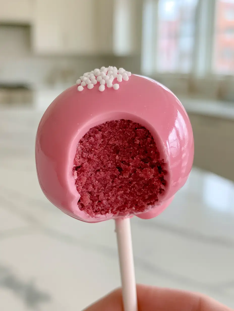 Cake pop recipe: The Ultimate Starbucks Copycat Pink Treats 3 A close-up bite of a pink cake pop revealing a dense, moist, fudgy pink interior. (cake pop recipe)