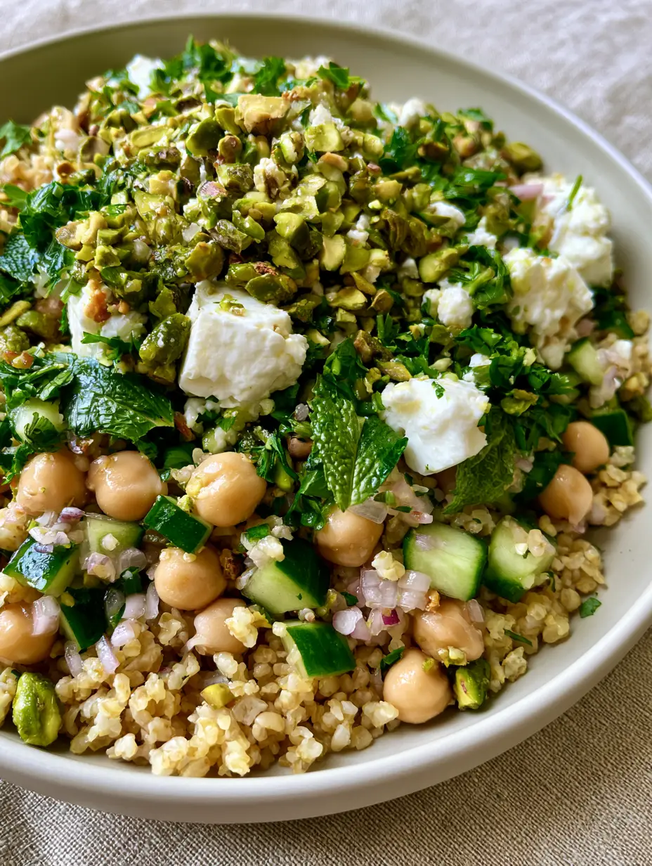 Macro photo of Jennifer Aniston Salad showing glistening lemon-olive oil dressing on fluffy grains, chickpeas, and diced cucumbers.