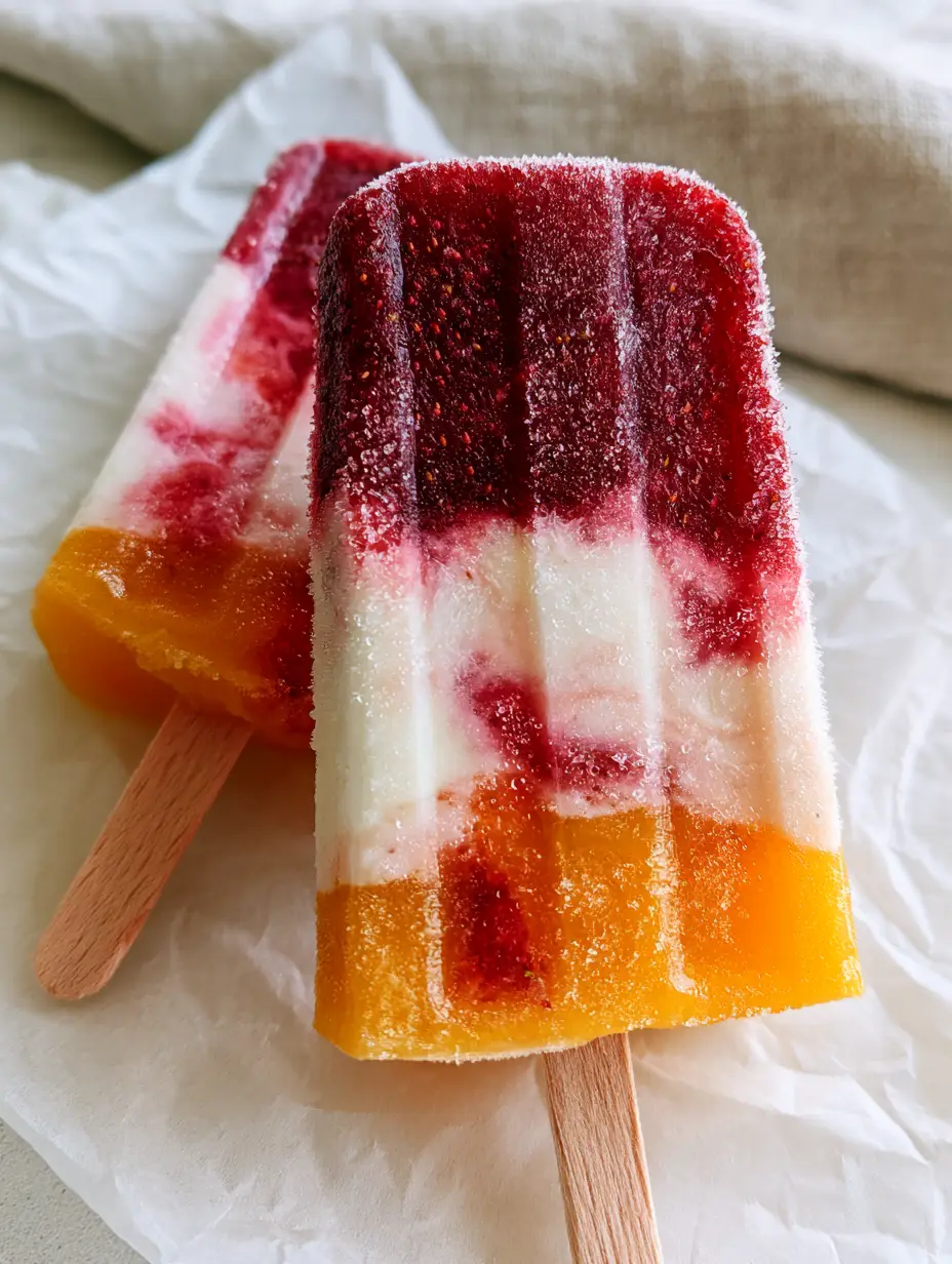 A macro shot of layered Strawberry Mango Popsicles featuring crystalline frost, glistening droplets, and wooden sticks.
