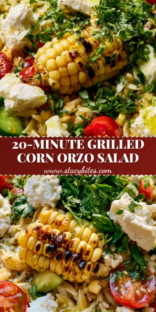 Grilled Corn Orzo Salad with Lemon-Herb Vinaigrette and Feta 4 Vertical Pinterest pin showing a close-up of Grilled Corn Orzo Salad with charred corn, feta chunks, and fresh basil in a cream bowl.