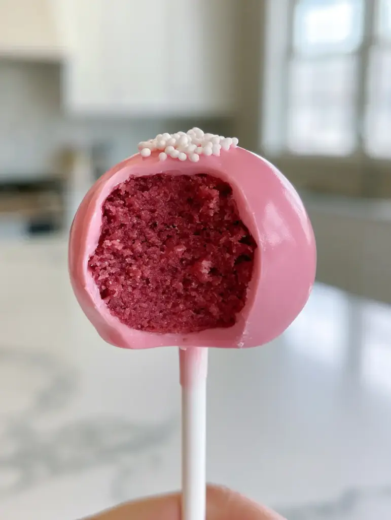 Cake pop recipe: The Ultimate Starbucks Copycat Pink Treats 1 Professional handheld photo of a smooth bubblegum pink cake pop with white sugar nonpareils.