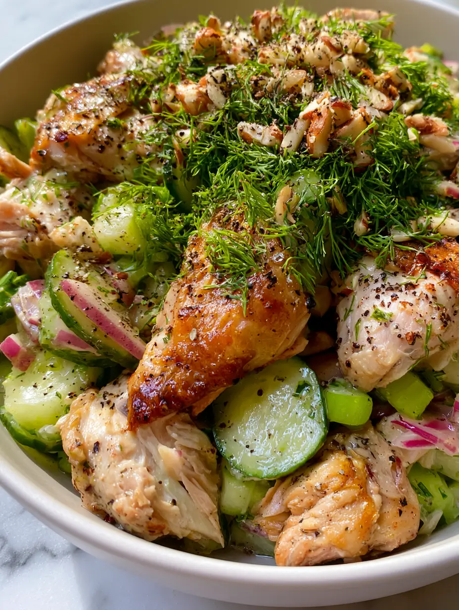 Macro view of Summer Chicken Salad showing moist chicken chunks, translucent cucumbers, and toasted almonds under soft morning light.