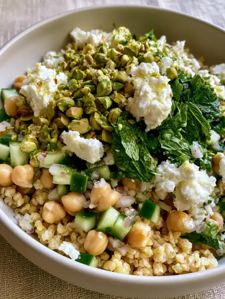 Close-up of Jennifer Aniston Salad in a matte white bowl showing creamy feta chunks and emerald green cucumbers at a 45-degree angle.