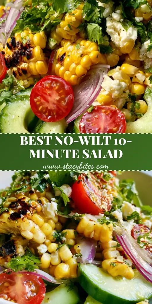 Cucumber Corn Salad with Charred Sweet Corn and Zesty Lime 3 A vertical photo of cucumber corn salad featuring charred corn, sliced English cucumbers, cherry tomatoes, and feta cheese in a white bowl. (cucumber corn salad)