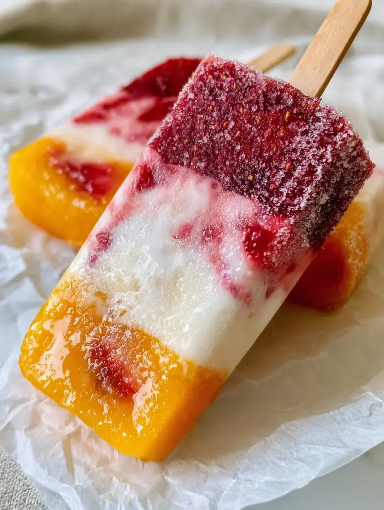 Two Strawberry Mango Popsicles showing the thick creamy Greek yogurt marbling and frozen chunks of fresh mango.