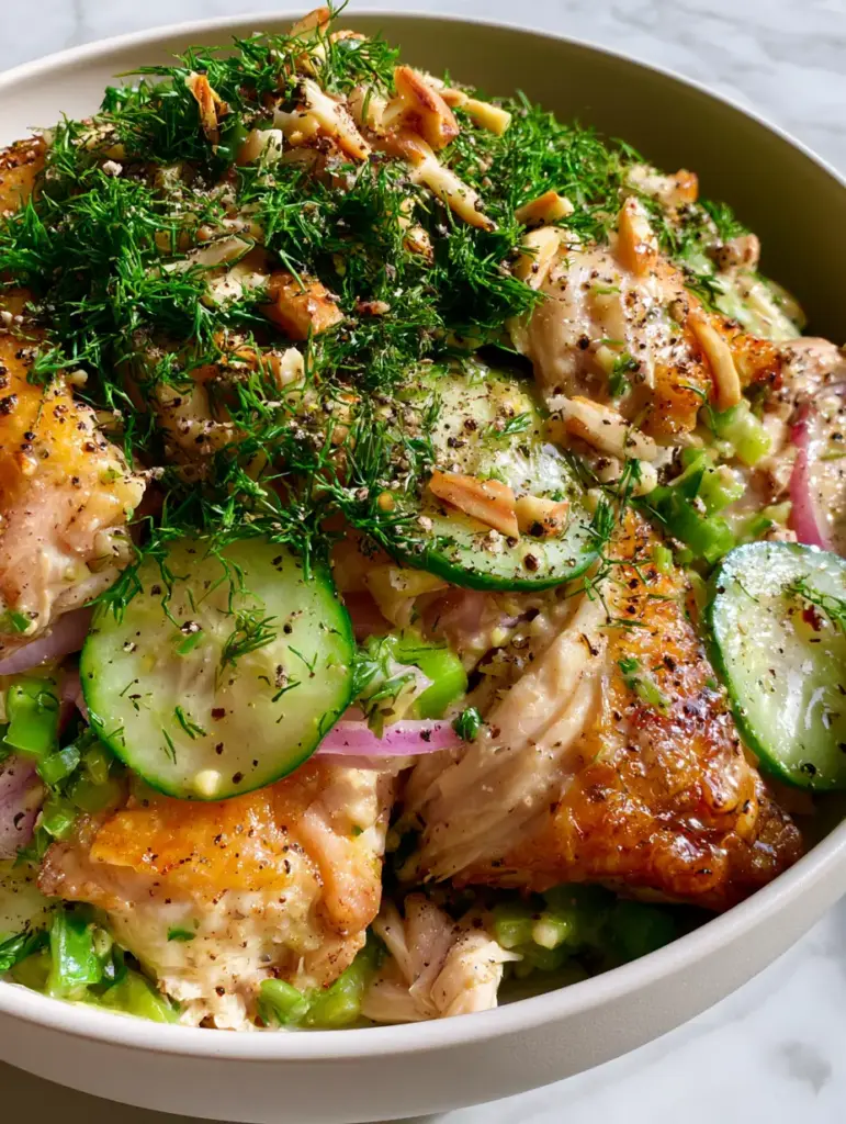 Overhead view of a vibrant Summer Chicken Salad with a lemon-herb vinaigrette glisten and plenty of fresh dill sprigs.