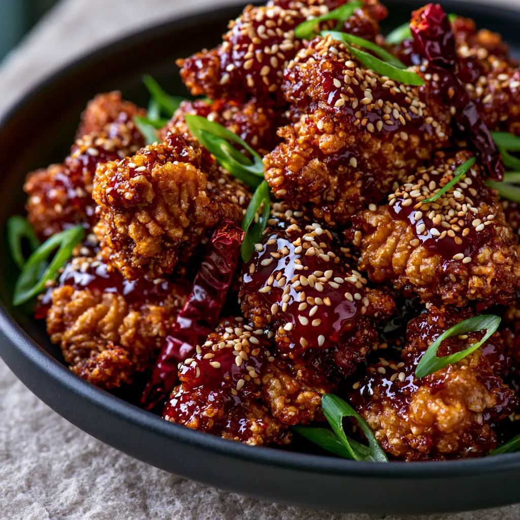 General Tso's Chicken: The Ultimate Extra-Crispy Air Fryer Recipe 2 Extreme macro close-up of bite-sized General Tso's Chicken pieces with craggy, extra-crispy crust and glossy sauce. (General Tso's Chicken)