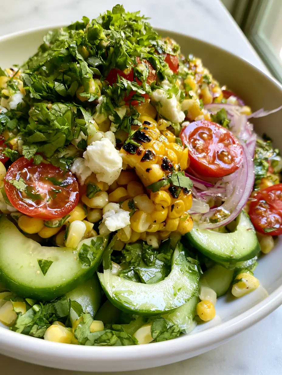 Cucumber Corn Salad with Charred Sweet Corn and Zesty Lime 4 A macro handheld photo of vibrant cucumber corn salad with thick crescent cucumber slices and charred corn kernels. (cucumber corn salad)
