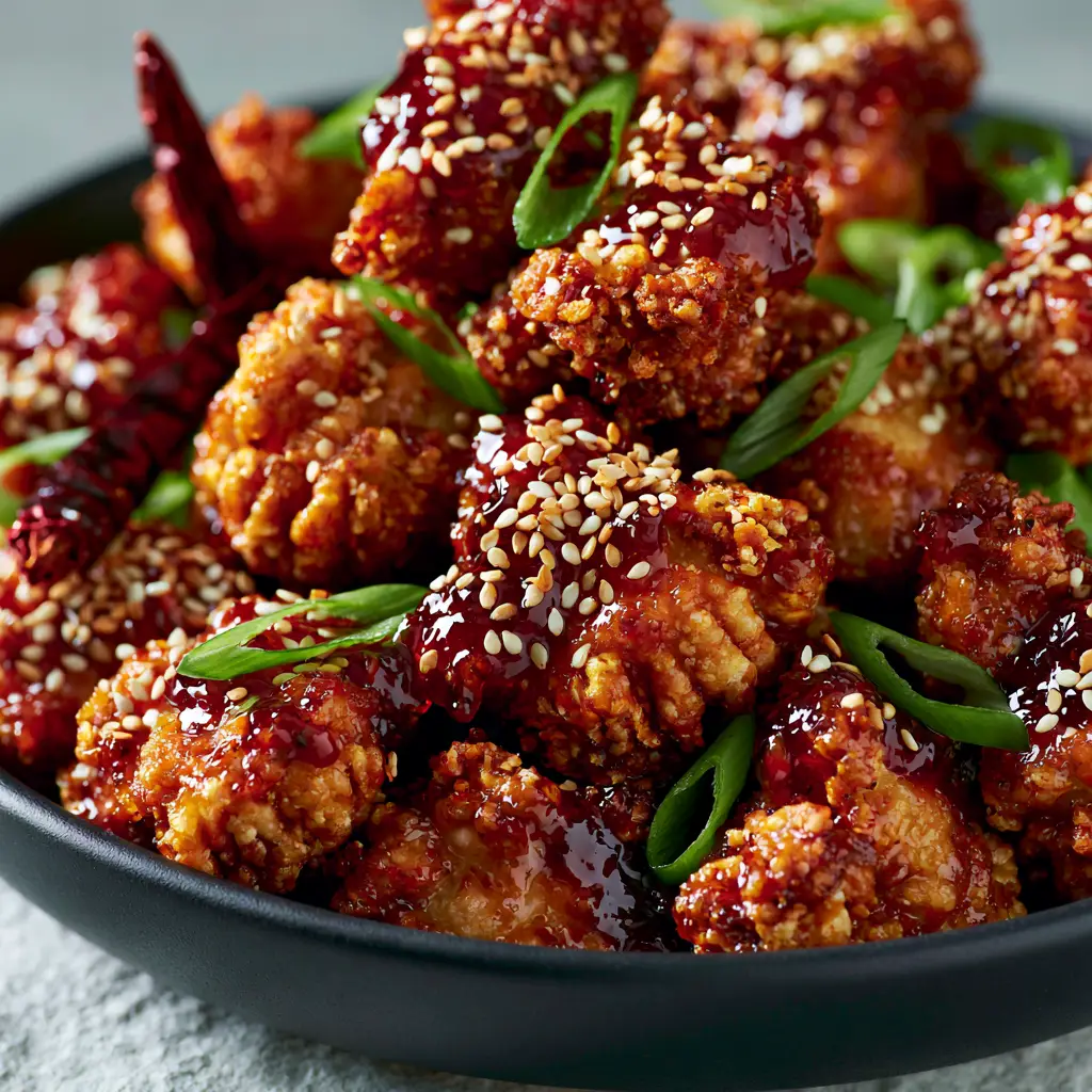 General Tso's Chicken: The Ultimate Extra-Crispy Air Fryer Recipe 1 A close up of General Tso's Chicken showing the deep red glaze, toasted sesame seeds, and bright green scallions.