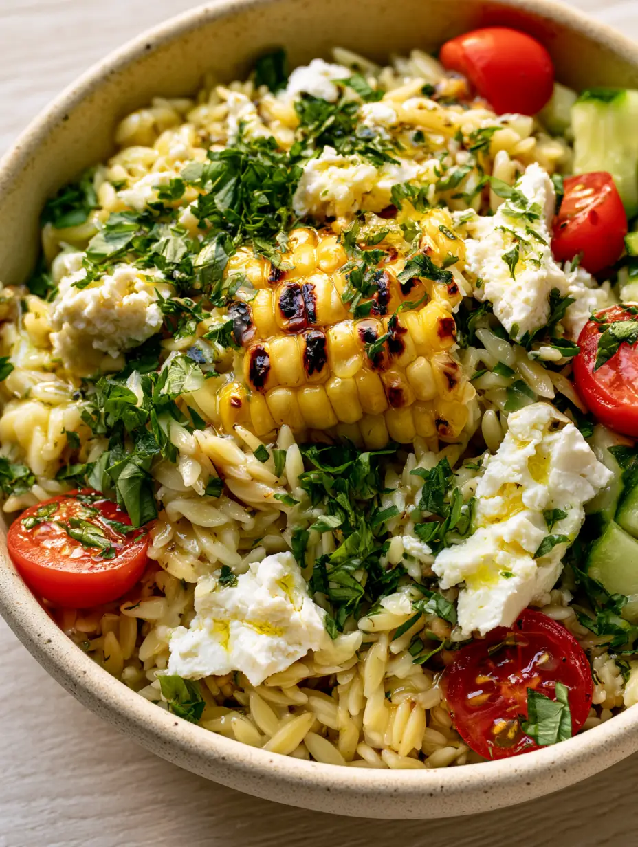 Grilled Corn Orzo Salad with Lemon-Herb Vinaigrette and Feta 3 Extreme top-down angled shot of Grilled Corn Orzo Salad featuring dark-charred corn, large feta crumbles, and glistening vinaigrette.
