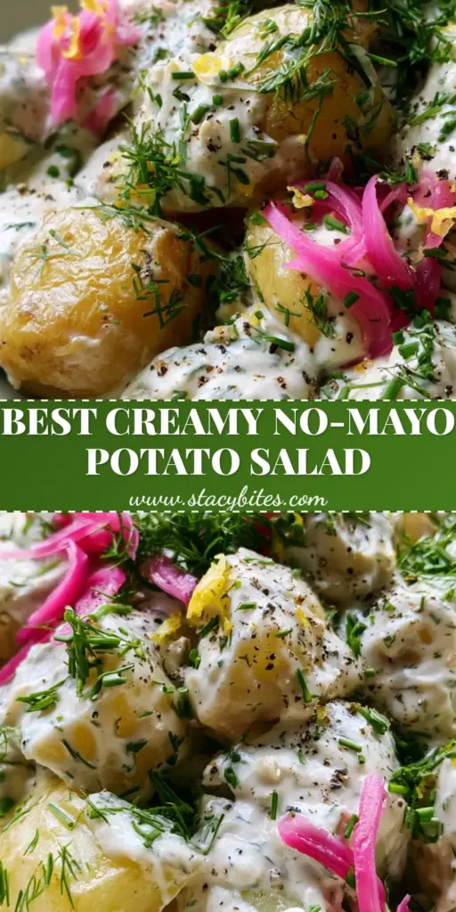 A tall Pinterest pin showing a creamy vegan potato salad with gold potatoes, fresh dill, and pickled red onions. (vegan potato salad)