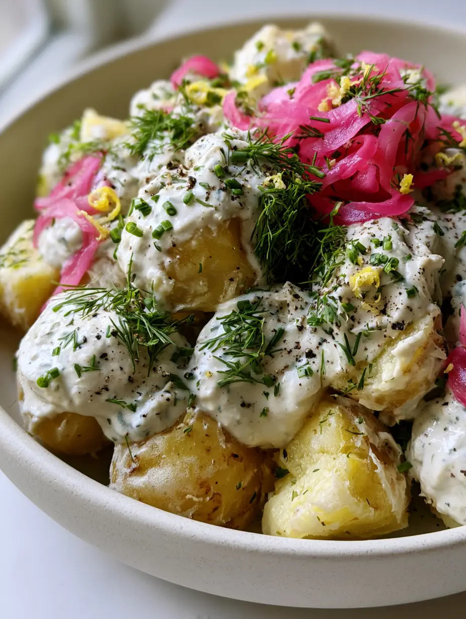 Extreme close-up of tender gold potatoes smothered in a thick garlic-herb sauce with dill and black pepper. (vegan potato salad)
