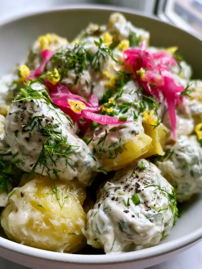 A matte white bowl filled with vegan potato salad featuring pops of pink pickled red onions and green chives.