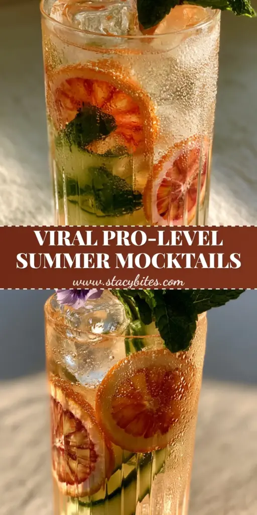 healthy summer mocktail recipes: The Botanical Blood Orange & Cucumber Spritz 3 A luxury botanical blood orange mocktail in a tall ribbed glass with cucumber ribbons and mint. (healthy summer mocktail recipes)