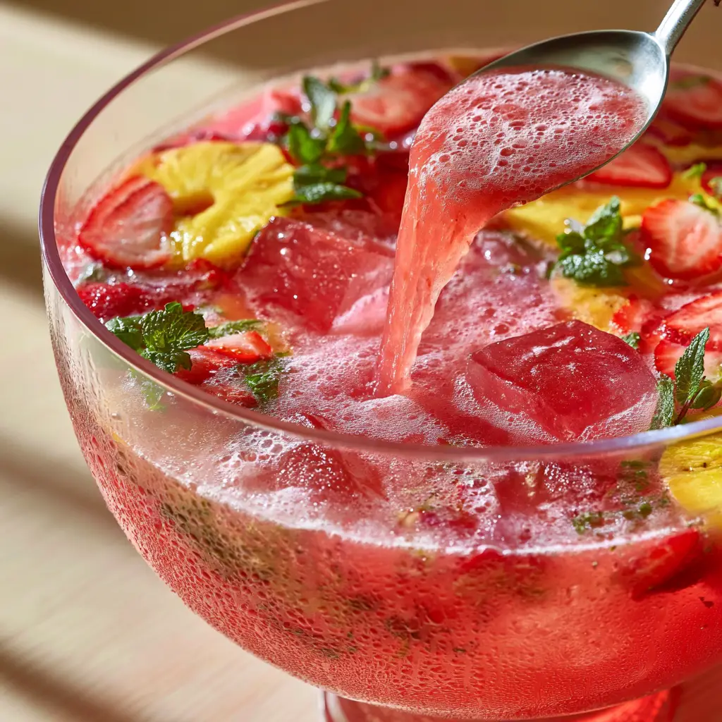 Close-up of a pink punch bowl with floating pineapple rings and strawberries. (jungle juice recipe)