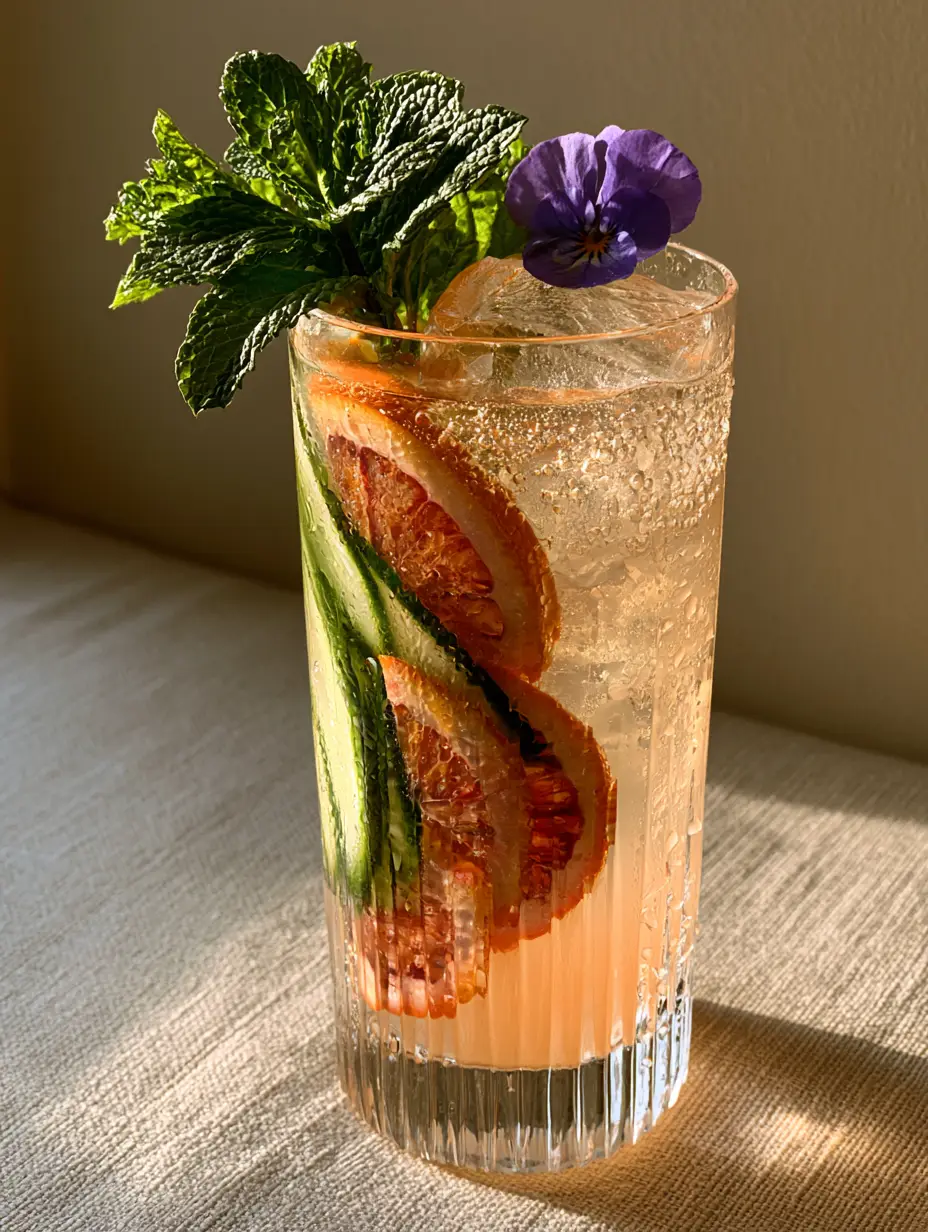 healthy summer mocktail recipes: The Botanical Blood Orange & Cucumber Spritz 4 Smartphone photo of a peach-colored mocktail with heavy condensation and blood orange slices. (healthy summer mocktail recipes)