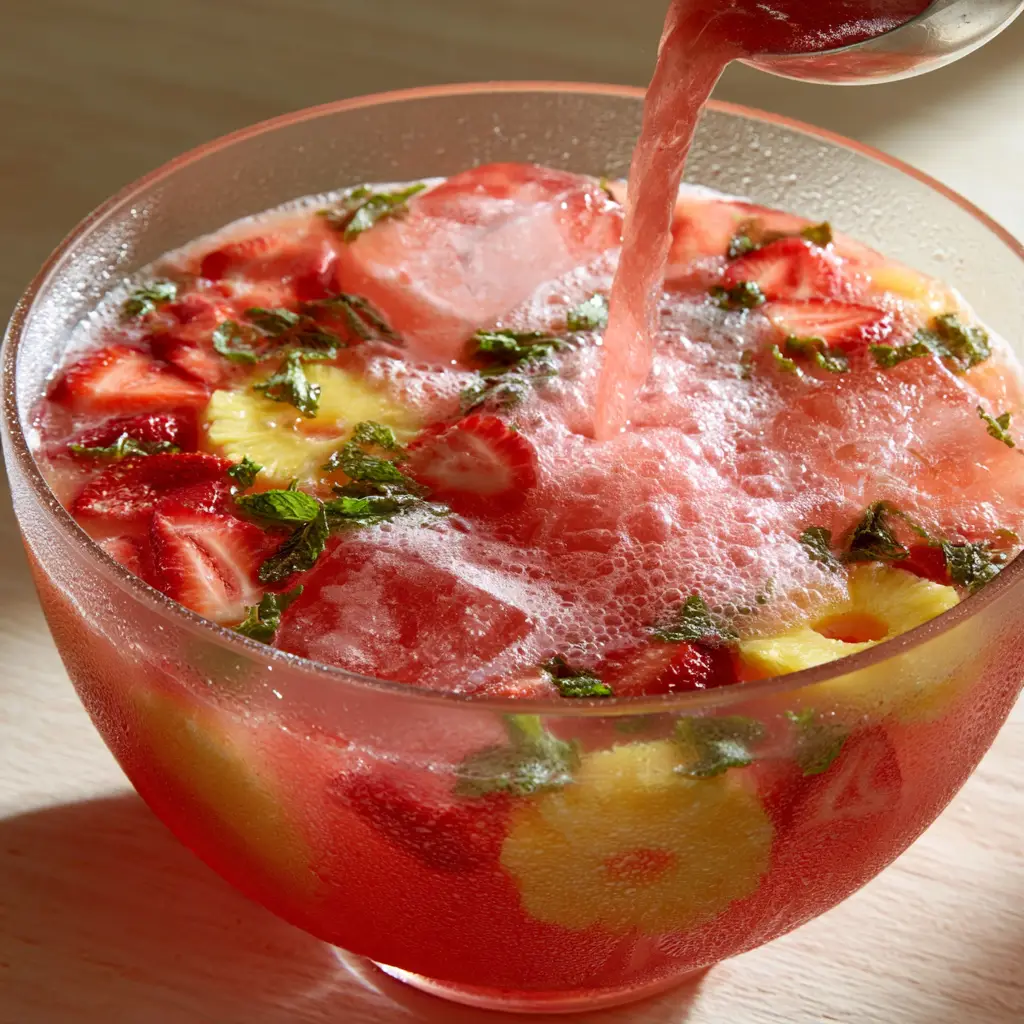 Jungle Juice Recipe: The Ultimate Neon Pink Party Punch 1 Silver ladle pouring vibrant pink jungle juice into a glass with bubbles and foam. (jungle juice recipe)