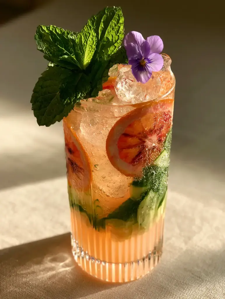 healthy summer mocktail recipes: The Botanical Blood Orange & Cucumber Spritz 1 Close up of cucumber ribbons and an edible purple viola garnish in a tall peach drink.