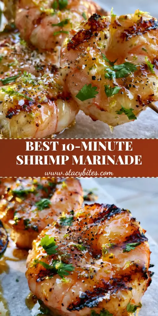 grilled shrimp marinade with Honey and Fresh Lime 3 A vertical Pinterest pin showing three jumbo shrimp skewers with dark brown sear marks and a glistening honey lime glaze. (grilled shrimp marinade)