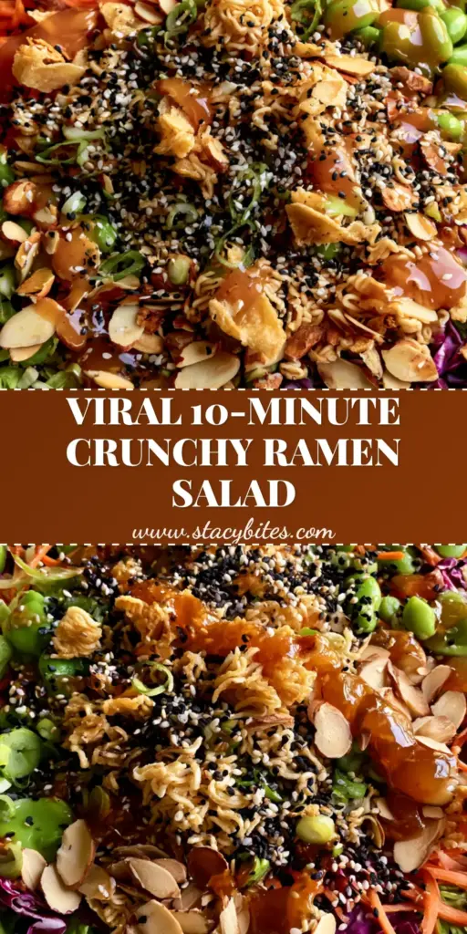 A close-up vertical shot of Asian ramen salad with golden toasted noodles, purple cabbage, and edamame, perfectly styled for Pinterest.