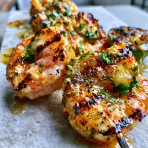 Close-up of jumbo shrimp skewers with thick honey lime glaze and visible cilantro flecks. (grilled shrimp marinade)