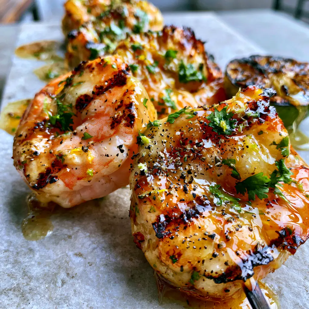 grilled shrimp marinade with Honey and Fresh Lime 2 Close-up of jumbo shrimp skewers with thick honey lime glaze and visible cilantro flecks. (grilled shrimp marinade)