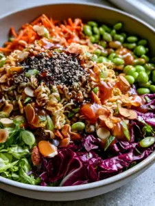Asian ramen salad in a matte ceramic bowl showing layers of purple cabbage, neon edamame, and glossy ginger dressing.