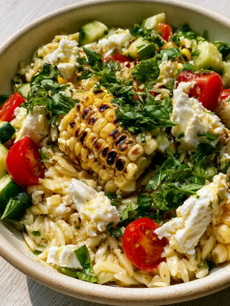 Grilled Corn Orzo Salad with Lemon-Herb Vinaigrette and Feta 1 Close-up detail of glistening al dente orzo pasta tossed with cherry tomatoes, cucumbers, and emerald-green herbs.
