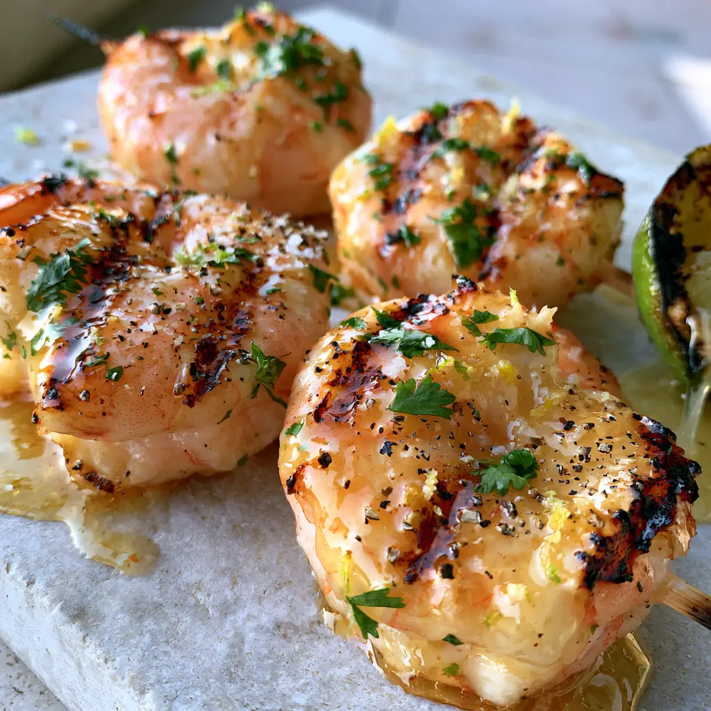 grilled shrimp marinade with Honey and Fresh Lime 1 Jumbo shrimp skewers on a light grey stone surface with charred lime wedges nearby.