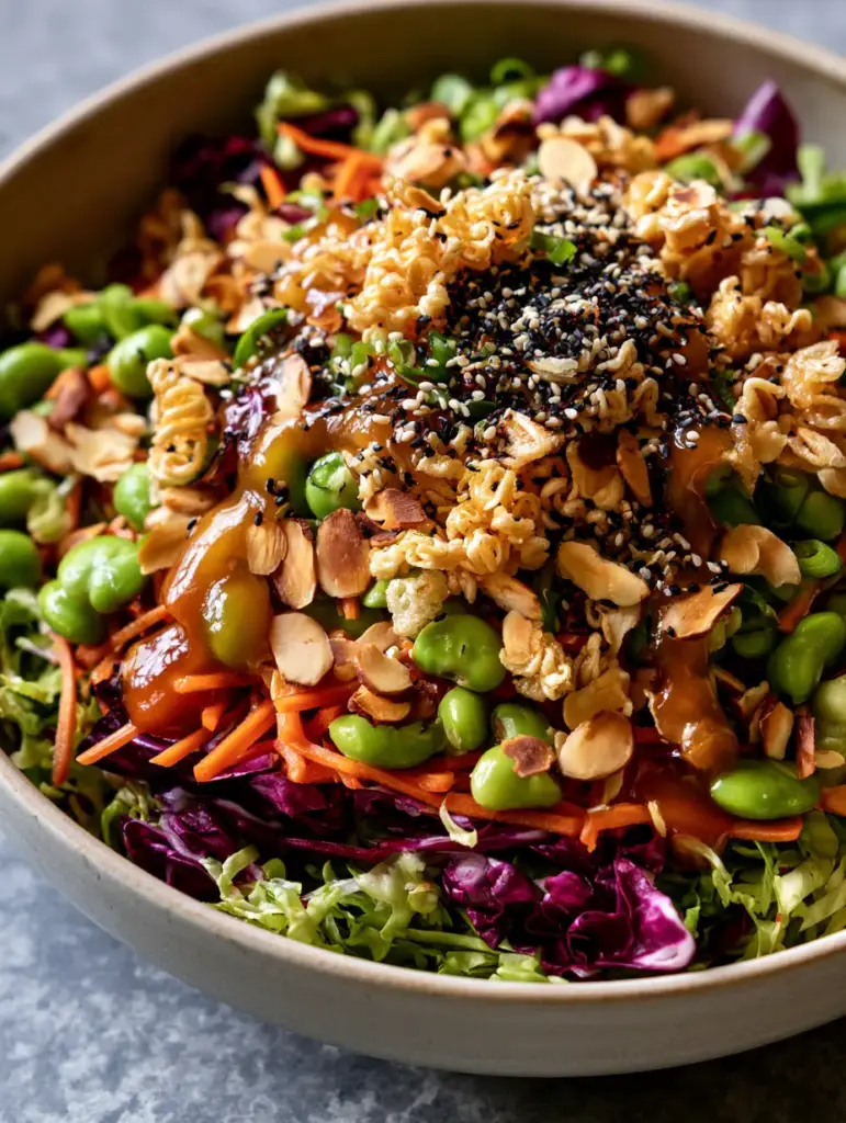 Close-up of toasted golden ramen noodles and almond slivers scattered over a vibrant Asian ramen salad.