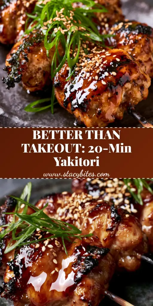 Chicken Yakitori: The Ultimate Guide to Glossy Grilled Japanese Skewers 4 Three Chicken Yakitori skewers on a dark ceramic plate with a glossy amber tare glaze, toasted sesame seeds, and green scallions.