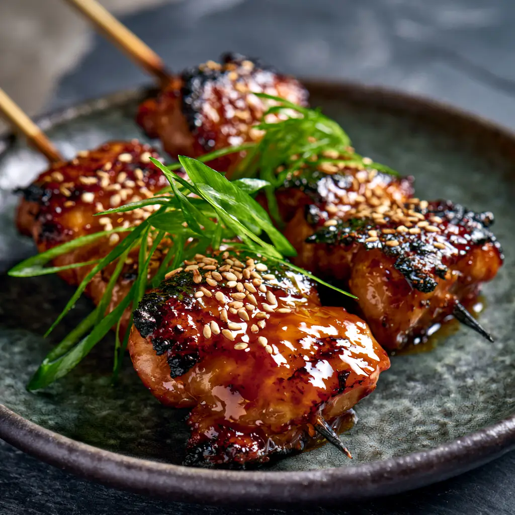 Chicken Yakitori: The Ultimate Guide to Glossy Grilled Japanese Skewers 2 Macro shot of Chicken Yakitori skewers showing the sticky, translucent amber glaze and charred crispy edges.