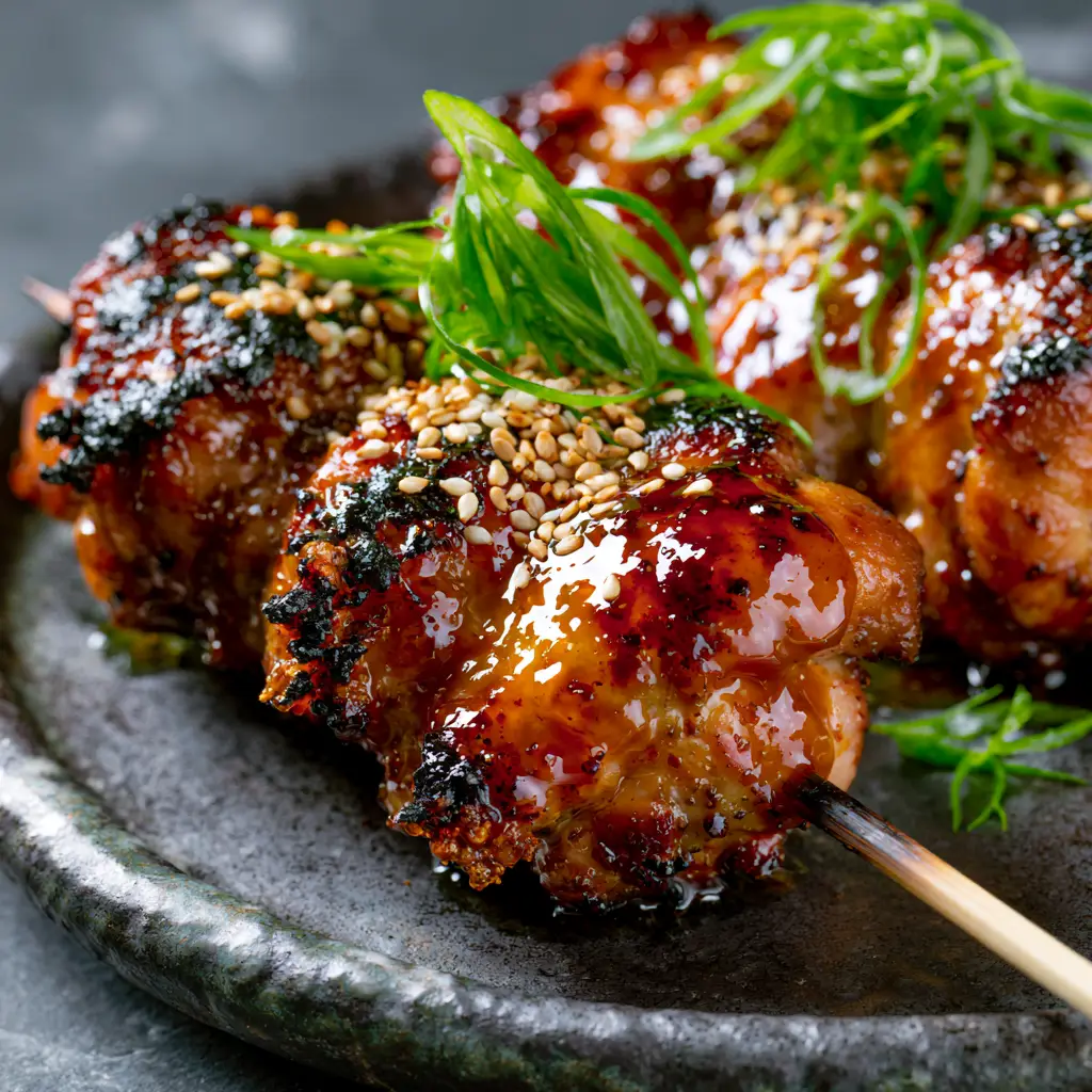 Chicken Yakitori: The Ultimate Guide to Glossy Grilled Japanese Skewers 1 Extreme close-up of Japanese chicken skewers garnished with sesame seeds and ultra-thinly sliced scallions.