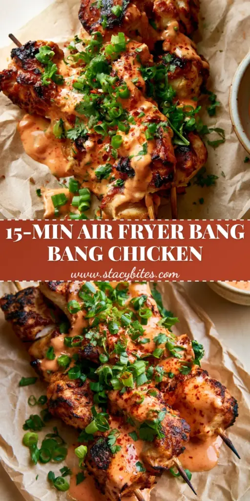 Three Air Fryer Bang Bang Chicken Skewers with charred edges and creamy orange sauce on brown parchment paper.
