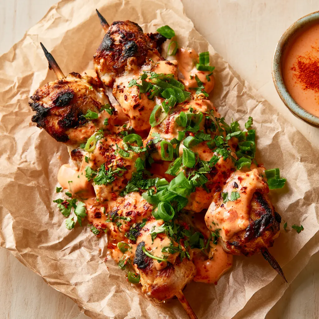Close up of charred chicken chunks on a skewer with visible red pepper flakes and scallions.