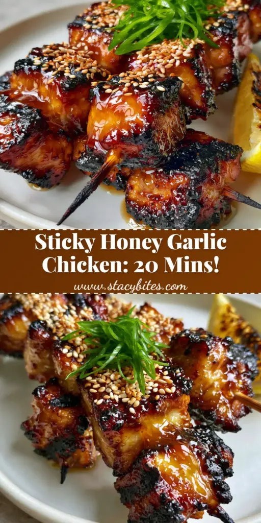 Honey garlic chicken skewers with a Sticky Amber Glaze 4 A tall Pinterest pin image showing three honey garlic chicken skewers with a thick amber glaze and charred edges on a white plate.