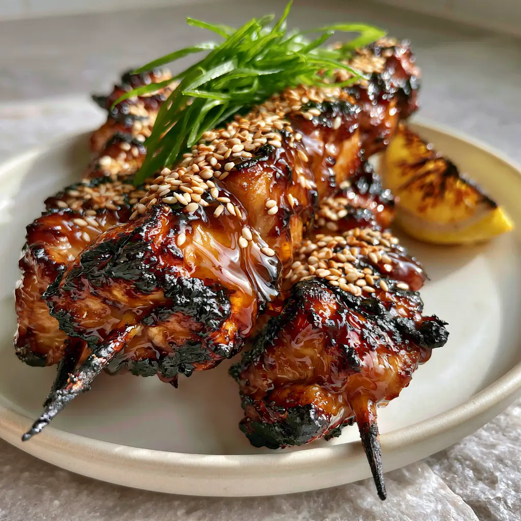 Honey garlic chicken skewers with a Sticky Amber Glaze 2 Extreme close-up of honey garlic chicken skewers with deep caramelized char marks and a glistening sticky glaze.