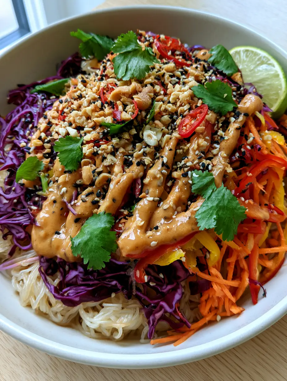 Vegetable Rice Noodle Salad with Creamy Peanut Dressing 3 Smartphone photo of a vegetable rice noodle salad with glistening noodles and bright orange carrots in a matte white bowl.