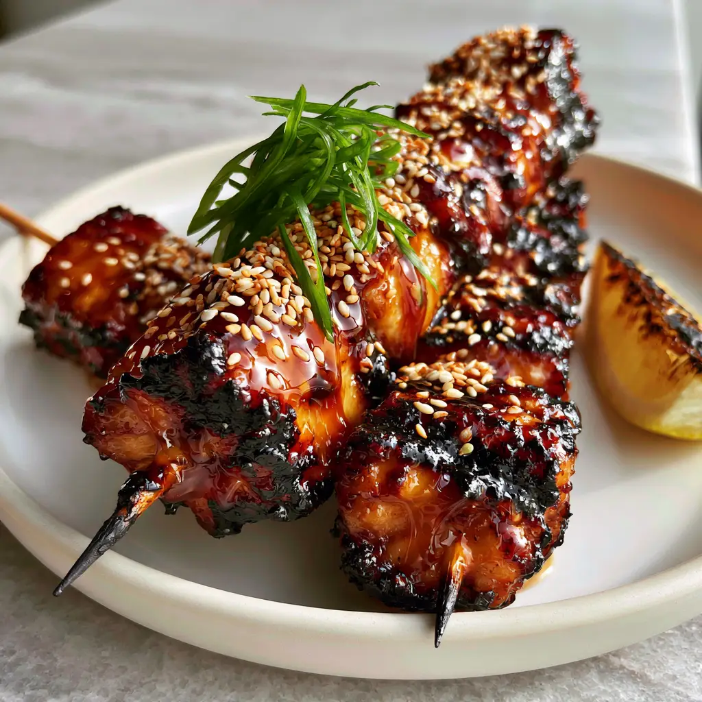 Honey garlic chicken skewers with a Sticky Amber Glaze 1 Three skewers of honey garlic chicken breast cubes garnished with sesame seeds and green scallions beside a charred lemon wedge.