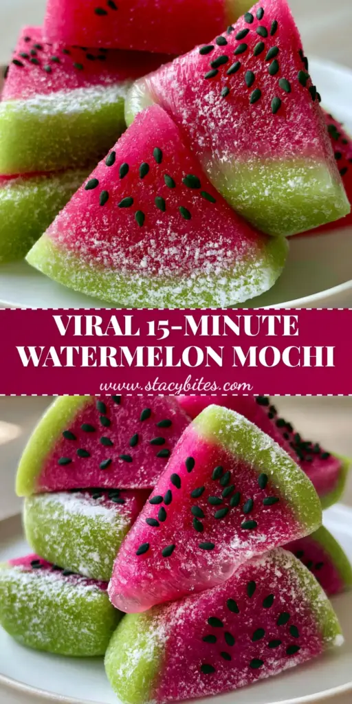Watermelon Mochi Recipe: The Ultimate Stretchy Summer Treat 4 A tall stack of handmade watermelon mochi wedges on a white plate, showing the lime-green skin and bright pink center with black sesame seeds.