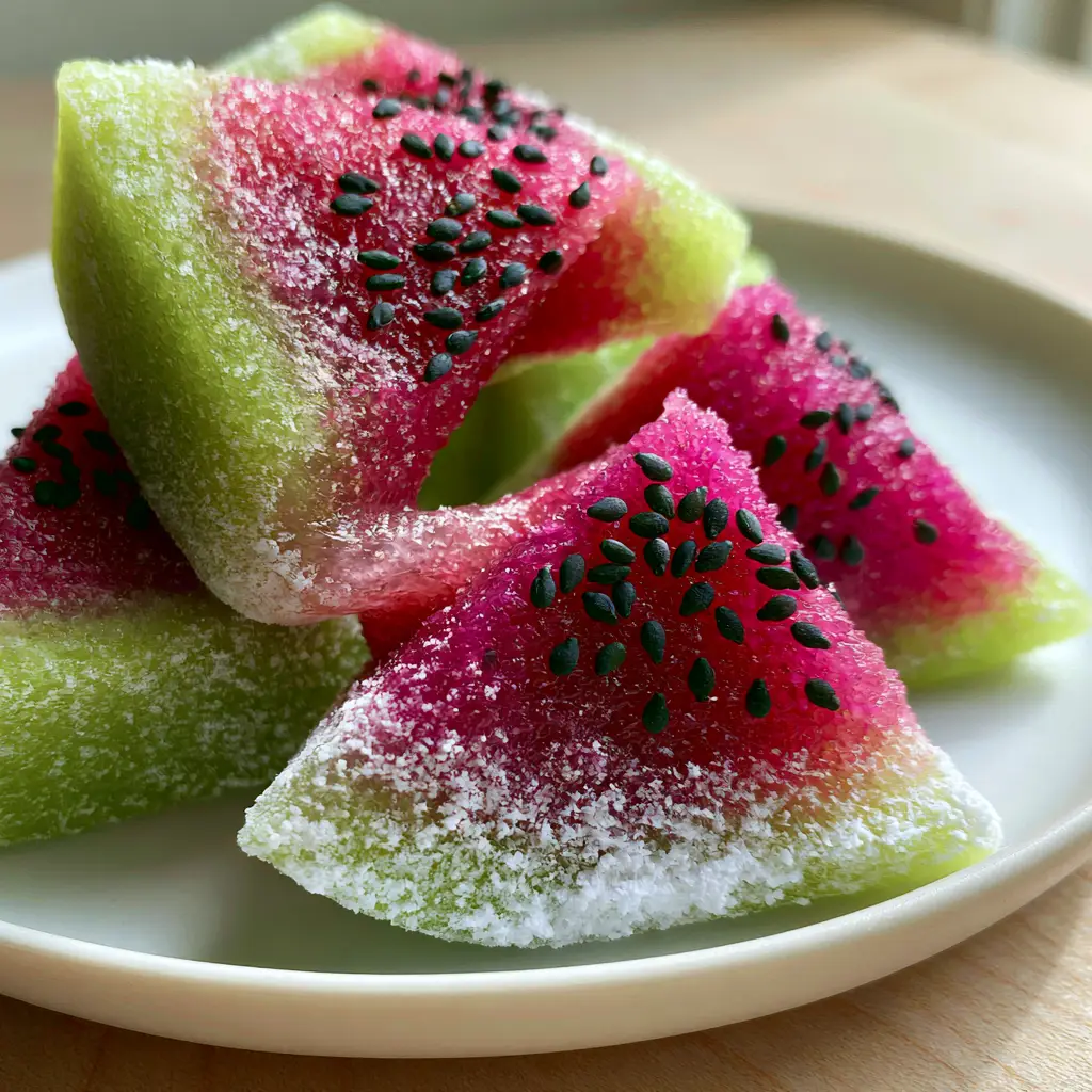Watermelon Mochi Recipe: The Ultimate Stretchy Summer Treat 2 Extreme close-up of a stack of watermelon mochi wedges on a white ceramic plate, featuring lime-green skin and fuchsia centers.