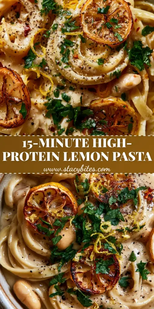 Vegan Lemon White Bean Pasta with Charred Lemons 3 A vertical shot of Vegan Lemon White Bean Pasta featuring glossy fettuccine, whole cannellini beans, and charred lemon wheels in a matte grey bowl.