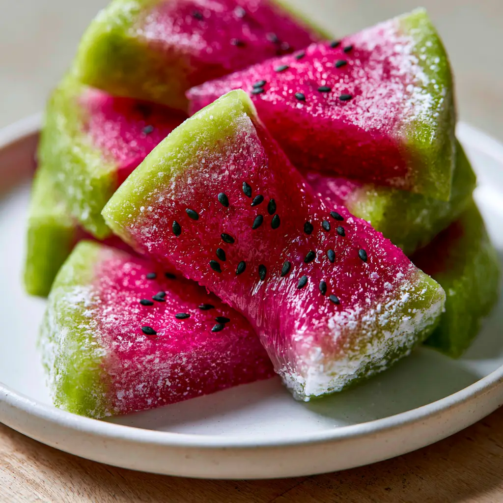 Watermelon Mochi Recipe: The Ultimate Stretchy Summer Treat 1 Close-up of a hand gently squeezing a watermelon mochi wedge to demonstrate the stretchy and translucent nature of the dough.