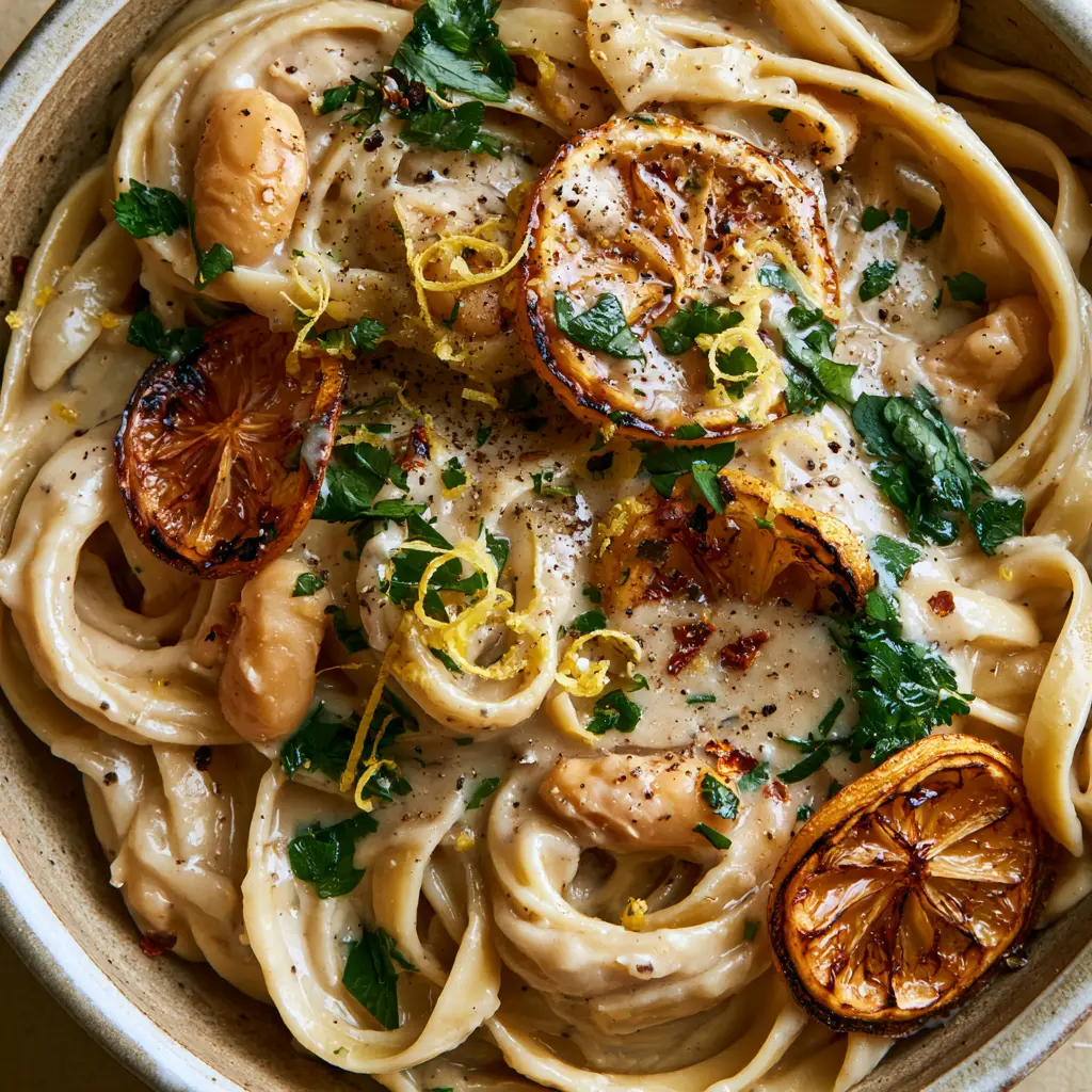 Vegan Lemon White Bean Pasta with Charred Lemons 2 Top-down shot of a rustic ceramic bowl filled with glossy al dente fettuccine swirled in a thick, velvety white bean cream sauce. (Vegan Lemon White Bean Pasta)