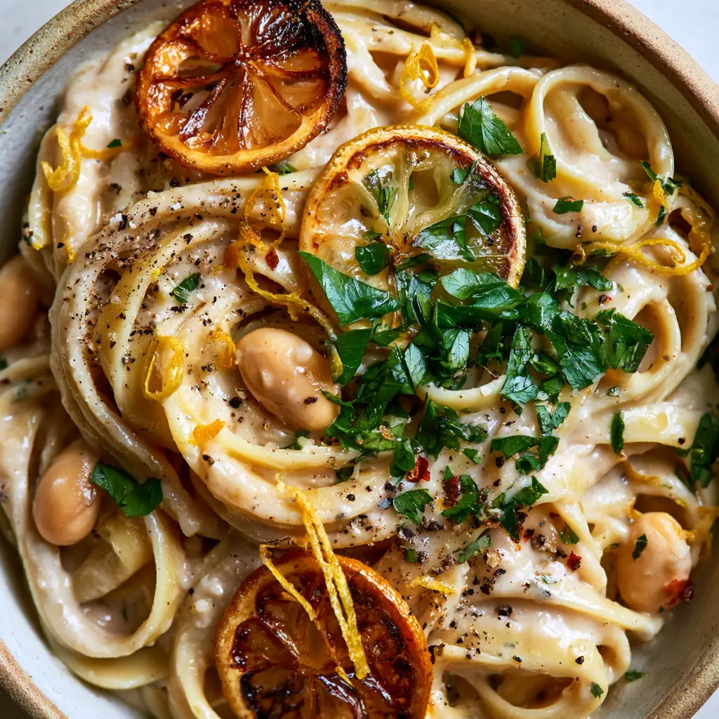 Vegan Lemon White Bean Pasta with Charred Lemons 1 A close-up of Vegan Lemon White Bean Pasta showing charred lemon edges, whole beans, and vibrant parsley.